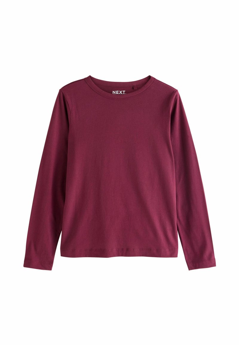 Długi rękaw, t-shirt typu crew-neck w głębokim burgundzie, wykonany z miękkiego materiału bawełnianego, o gładkiej fakturze i minimalistycznym designie.