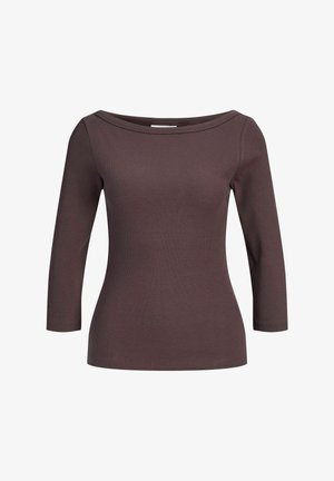 Brūns, ribots garām piedurknēm krekls ar plašu laivveida kakla izgriezumu. Pielāgota piegriezuma dizains ar bezšuvju aprocēm un gludu tekstūru.