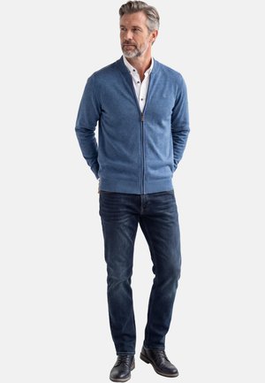 Uomo di mezza età con capelli grigi, indossa un maglione blu con zip sopra una camicia bianca, jeans scuri e scarpe nere, in piedi con le mani dietro la schiena.