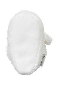 Weiße Babyschuhe aus weichem, flauschigem Stoff. Mit einer strukturierten Oberfläche und einer kleinen Schlaufen-Detail auf der Seite. Rundes Zehendesign.