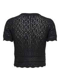 Svart strikket topp med korte ermer, med intrikate hullmønstre og bølget kant, som viser detaljert blonder-lignende tekstur og geometrisk design.