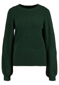 Pull en maille verte avec un col rond et de longues manches bouffantes. Présente des poignets et un ourlet côtelés, fabriqué à partir d'un tissu doux et texturé.