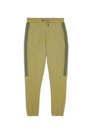 Olijfgroene joggers met een trekkoord in de taille, zijzakken en contrasterende verticale witte strepen langs de buitennaad. Gemaakt van een poly-katoenmix.