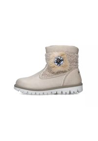 Stivaletto beige alla caviglia con finitura in pelle liscia, caratterizzato da un pannello in pelliccia testurizzata e un pompon in pelliccia decorativo con un accento floreale. Suola in gomma bianca.