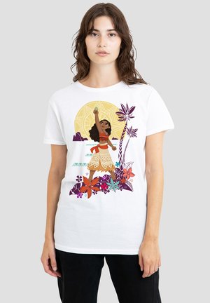 White cotton t-shirt featuring a colorful graphic of a figure with long hair, floral elements, and a sun motif in the background.