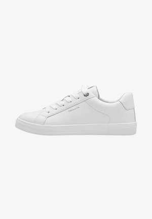 White leather sneaker with flat laces, rounded toe, textured rubber sole, and minimalist design. Subtle logo on the side.