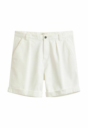 Weiße, maßgeschneiderte Herren-Shorts mit Knopf- und Reißverschluss, Gürtelschlaufen, Seitentaschen und umgeschlagenen Säumen.