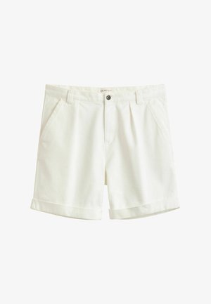 Weiße, maßgeschneiderte Herren-Shorts mit Knopf- und Reißverschluss, Gürtelschlaufen, Seitentaschen und umgeschlagenen Säumen.