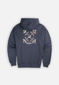 Sweat à capuche bleu marine en tissu doux, présentant un design floral au dos avec des éléments roses et beiges. Poignets et ourlet côtelés.