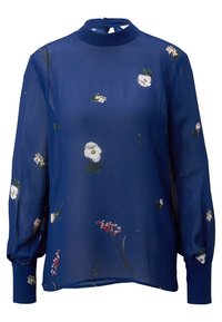 Durchsichtige blaue Bluse mit hohem Kragen und langen Ärmeln, verziert mit floralem Druck in Weiß, Pink und Grün, mit einem Rückenverschluss.