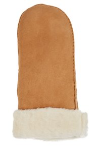 Tan suede want met een crèmekleurige faux fur manchet, uitgerust met een gladde textuur en een ronde bovenkant, met zichtbare stiksels langs de rand.