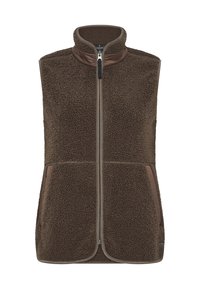 Bruin fleecevest met een ritssluiting aan de voorkant, een hoge kraag en twee zijzakken, ontworpen voor warmte en buitenshuis gebruik.