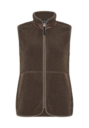 Brun fleecevest med frontlynlås, høj krave og to sidelommer, designet til varme og udendørs brug.