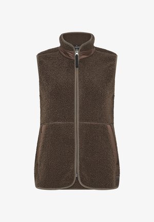 Brun fleecevest med frontlynlås, høj krave og to sidelommer, designet til varme og udendørs brug.