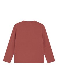 Roestkleurig langemouwshirt met ronde hals, weergegeven van de achterkant op een witte achtergrond.