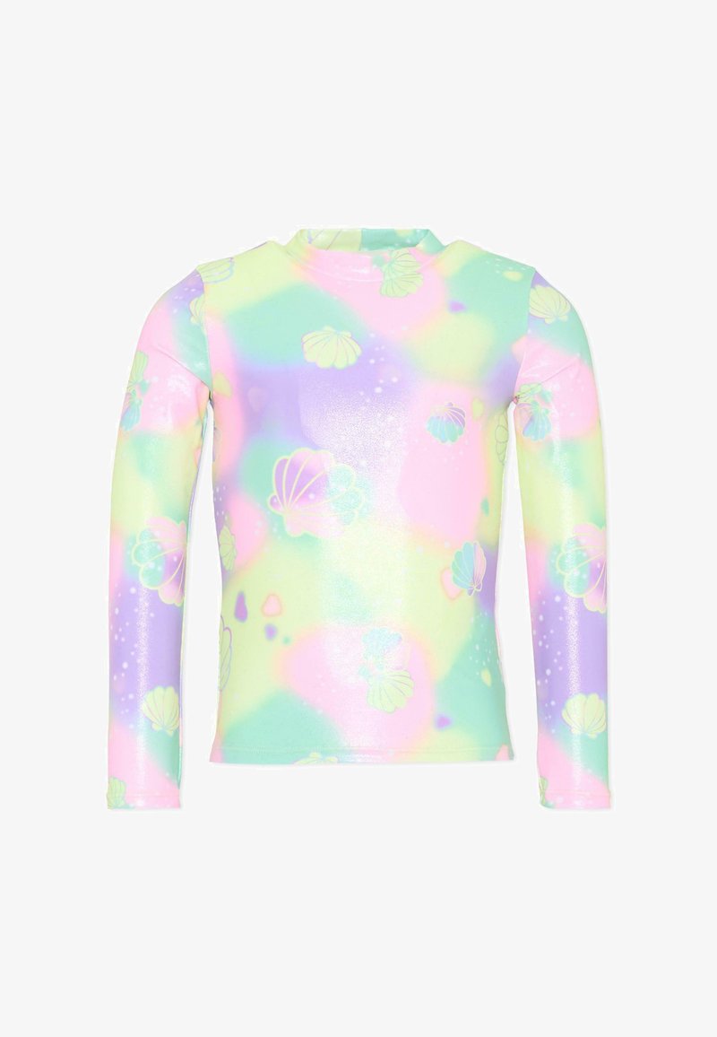 Sweat-shirt à manches longues de couleur pastel avec des teintes tie-dye rose, violet, vert et jaune, et des motifs épars de coquillages vert clair.