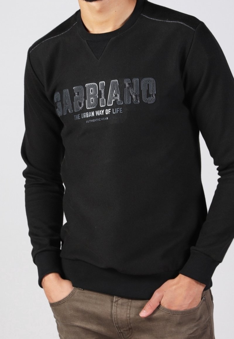 Sudadera negra de algodón, con cuello redondo, mangas largas y un gráfico frontal en texto gris. Puños y dobladillo acanalados.