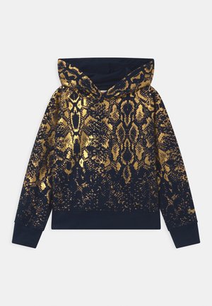 Felpa con cappuccio di colore blu navy, con stampa dorata a serpente, dotata di maniche lunghe e orlo a costine. Realizzata in tessuto morbido e testurizzato.