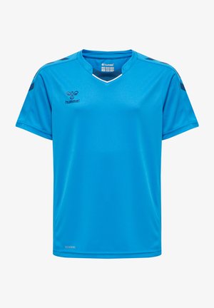 Blue short-sleeve sports shirt with a v-neck, made from lightweight material. Features a logo on the chest and contrasting shoulder accents.