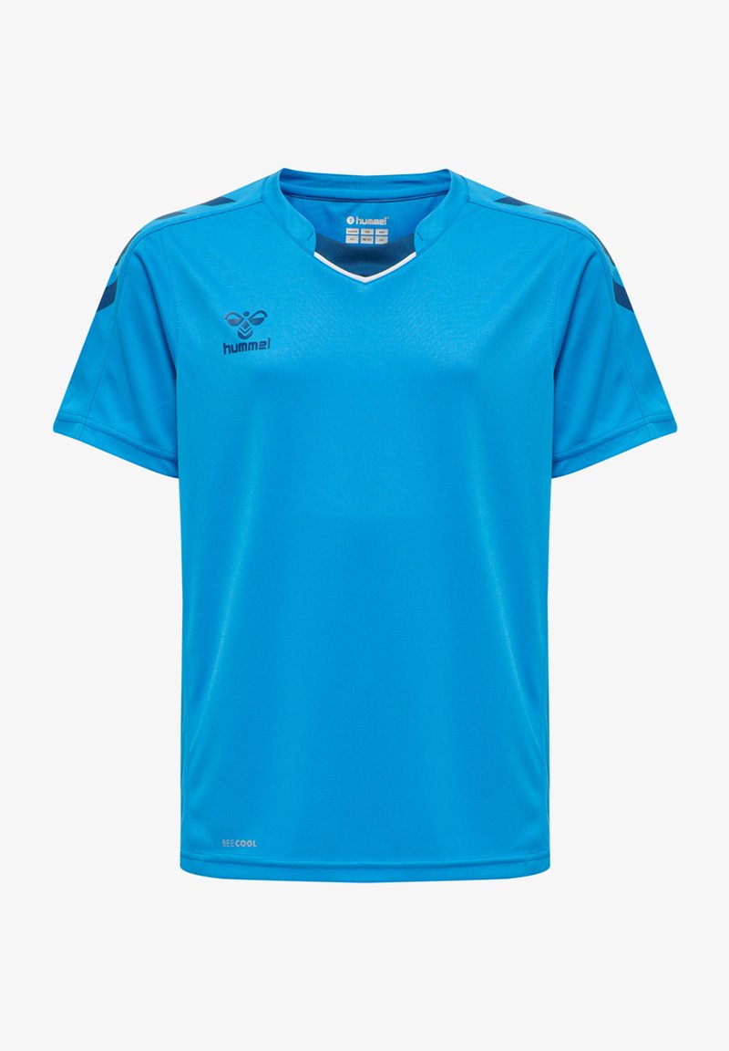 Blaues kurzärmliges Sporthemd mit V-Ausschnitt, aus leichtem Material gefertigt. Verfügt über ein Logo auf der Brust und kontrastierende Schulterakzente.