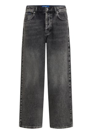 Jeans in denim nero lavato a gamba dritta con bottone frontale e design a cinque tasche, con etichetta Karl Lagerfeld sulla fascia interna in vita.