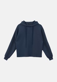 Haut à capuche bleu marine avec une coupe large et carrée, cordons de serrage r�églables et poignets côtelés. Fabriqué en tissu doux et texturé avec un design cousu.