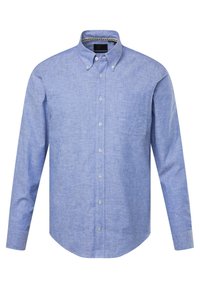 Himmelblaues Hemd mit langen Ärmeln, Tasche auf der linken Brust, Kragen und einer strukturierten Oberfläche. Verfügt über klare Knöpfe und einen runden Saum.