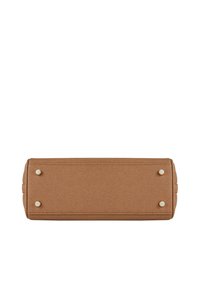 Sac rectangulaire en cuir brun texturé avec quatre pieds métalliques et coutures renforcées, présentant une couleur unie et un design épuré.