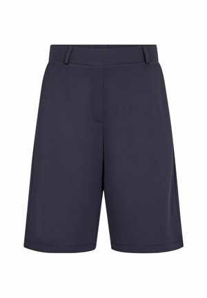 Pantaloni corti blu navy realizzati in un tessuto liscio e leggero. Presentano una vita elasticizzata, tasche laterali e un taglio dritto. Nessun motivo o accento visibile.