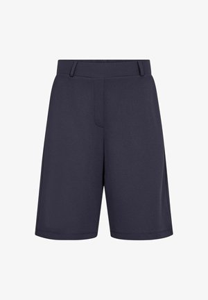 Pantaloni corti blu navy realizzati in un tessuto liscio e leggero. Presentano una vita elasticizzata, tasche laterali e un taglio dritto. Nessun motivo o accento visibile.
