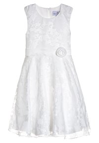 Vit klänning med blommönstrad prägel, ärmlös design, rund halsringning och ett strukturerat midjeband. Har en tygblomma som accent.