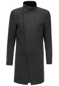 Cappotto di lana grigio con colletto alto, maniche lunghe e due tasche laterali; presenta una chiusura frontale e un design dritto.