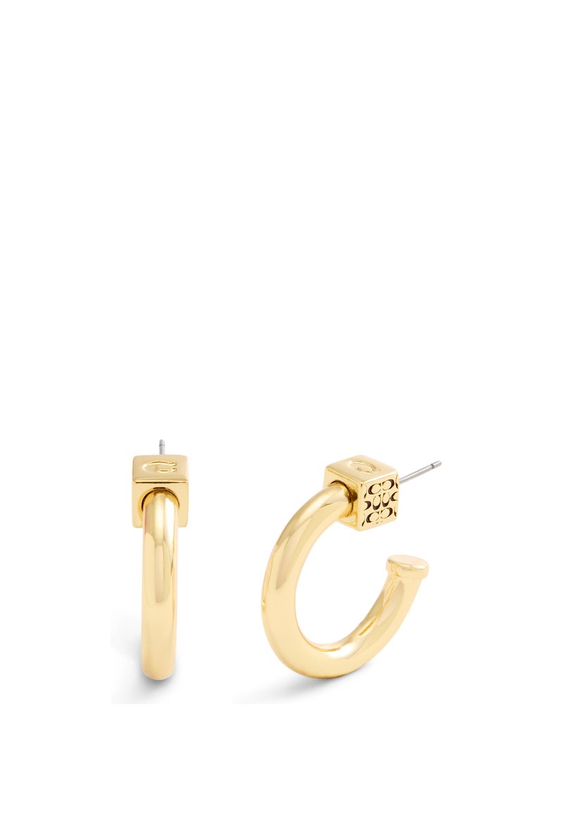 Guldörhängen med ringform och fyrkantig accent, blanka ytor, slät textur och en bakåtstängning. Designen har en unik form.