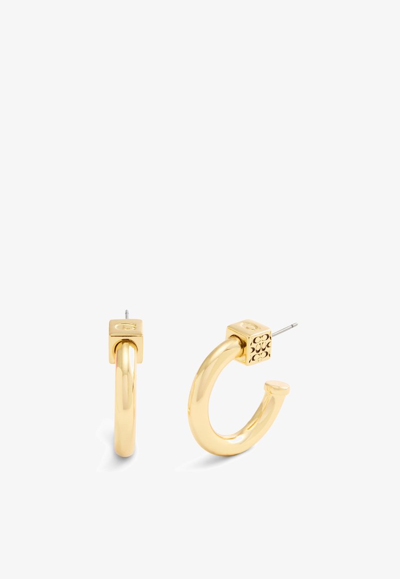 Guldörhängen med ringform och fyrkantig accent, blanka ytor, slät textur och en bakåtstängning. Designen har en unik form.