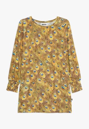 Kinderjurk met lange mouwen, geel-bruine pauwenveerprint, gerimpelde elastische manchetten en een ronde hals.