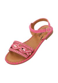 Pink sandal with decorative beading and embroidery on the straps, adjustable ankle buckle, and a flat brown sole.