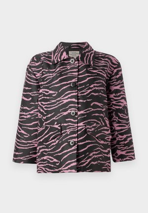 Black jacket with pink zebra stripes, button front, pointed collar, and two front pockets. Made of textured fabric.
