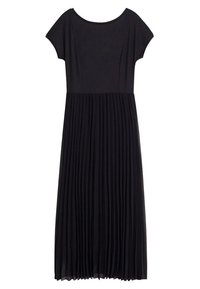 Robe noire à manches courtes avec corsage ajusté et jupe plissée, longueur midi, col rond.