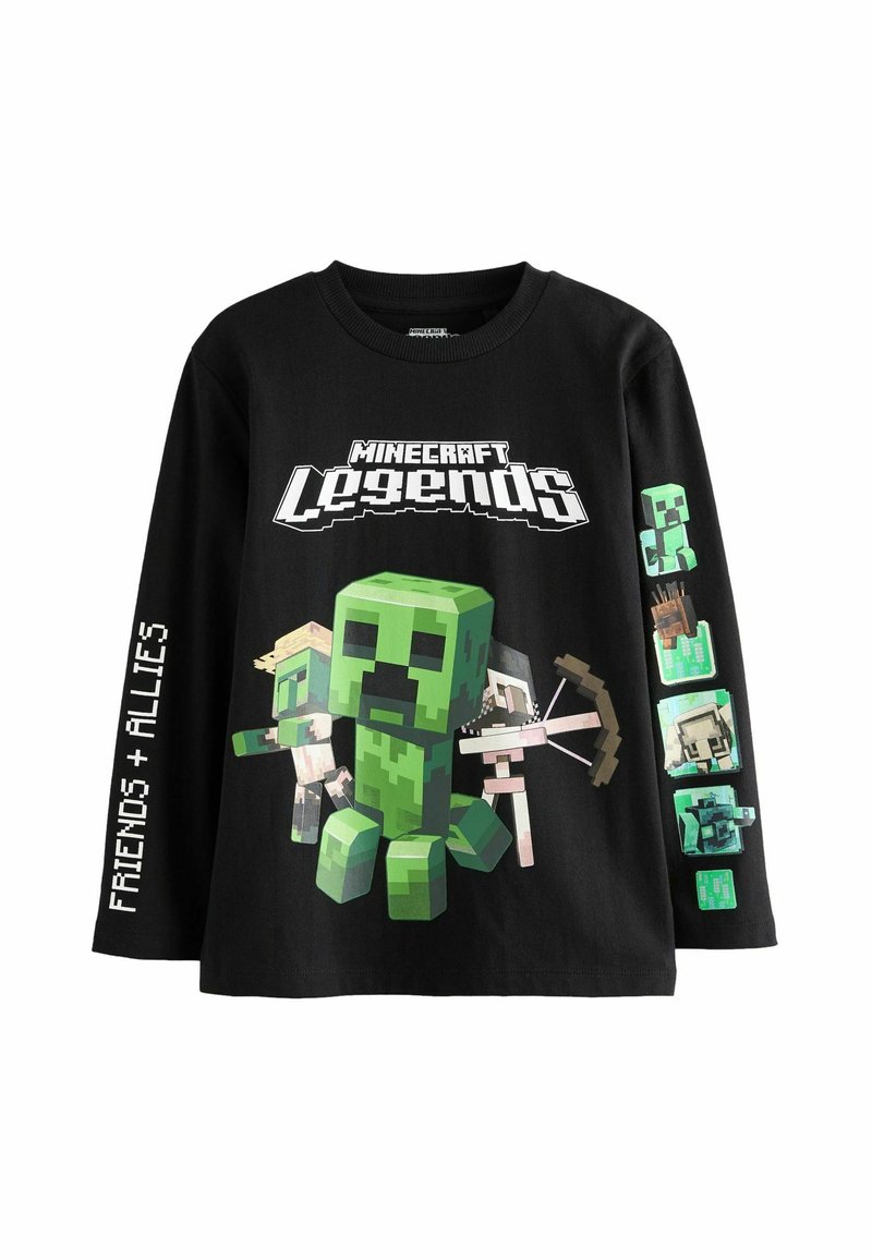 Schwarzes Langarm-T-Shirt mit einem Grafikmotiv eines grünen Charakters und seinen Verbündeten, mit dem Text "Minecraft Legends" in fettem Weiß und bunten seitlichen Details.
