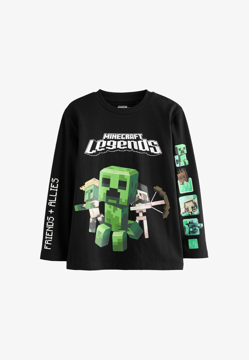 Juodas ilgomis rankovėmis marškinėliai su žalia figūra ir jos draugais, su užrašu "Minecraft Legends" didelėmis baltomis raidėmis ir spalvingais šonais.