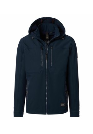 Dark blue hooded jacket with full front zipper, two vertical chest zippers, and two side pockets, featuring a small patch on the lower front.