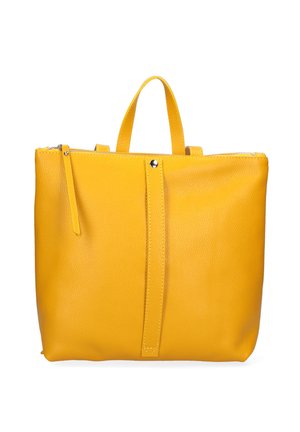 Gelbe Leder-Shopper-Tasche mit oberen Griffen, einem zentralen vertikalen Riemen mit Druckknopf und einem Reißverschluss mit Zugschnalle.