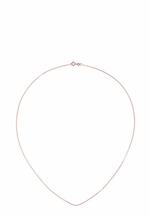 Rosenrød halskæde med en delikat, tynd kæde og en krabbeklås. Har en glat tekstur og et simpelt, elegant design.