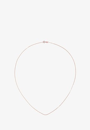Rose gold necklace with a delicate, thin chain and a lobster clasp. Features a smooth texture and a simple, elegant design.