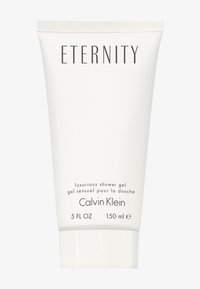 Vit tub med duschgel, 150 ml, märkt "Eternity" med produktbeskrivning och varumärket "Calvin Klein" i svarta bokstäver.