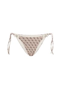 Bikini bottom in light pink with a textured pattern, featuring an S logo. Adjustable ties on sides with gold-toned circular accents.