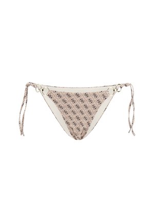 Bikini bottom in light pink with a textured pattern, featuring an S logo. Adjustable ties on sides with gold-toned circular accents.