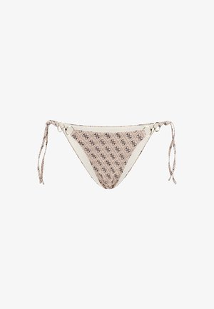 Bikini bottom in light pink with a textured pattern, featuring an S logo. Adjustable ties on sides with gold-toned circular accents.