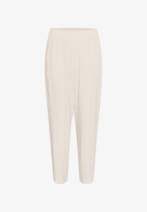 Cremefarvede, letvægts linnedbukser med elastisk talje, tapered ben og en afslappet pasform. Ingen synlige mønstre eller metaldele.