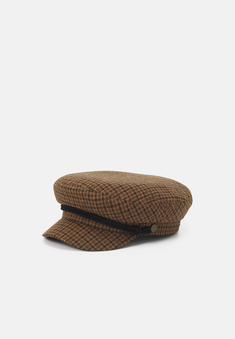 Casquette plate à carreaux marron et noir avec une petite bande tressée noire au-dessus de la visière, présentée sur fond blanc.